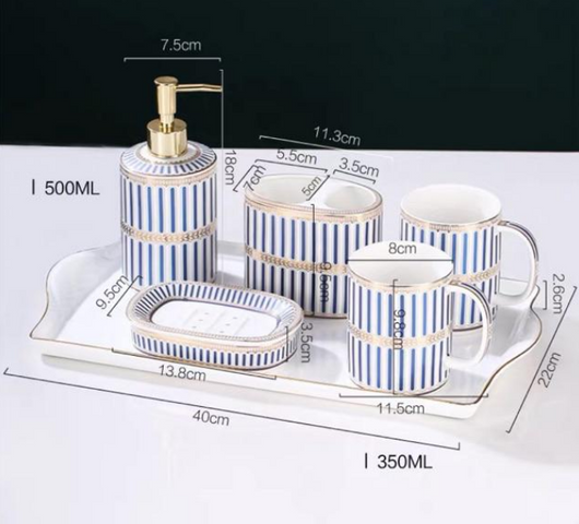 Bộ Đồ Dùng Nhà Tắm Sứ Cao Cấp - Cốc Đựng Bàn Chải Đánh Răng, Khay Xà Phòng, Lọ Nước Rửa Tay Đẹp Mắt, Họa Tiết Tinh Xảo