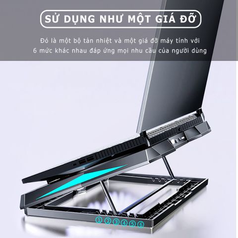 Đế tản nhiệt laptop Sidotech Q3 - 6 quạt làm mát siêu êm cho máy 12-18 inch - Thiết kế thông minh, chống trượt, LED xanh dương