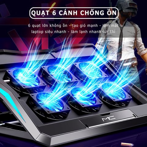 Đế tản nhiệt laptop Sidotech Q3 - 6 quạt làm mát siêu êm cho máy 12-18 inch - Thiết kế thông minh, chống trượt, LED xanh dương