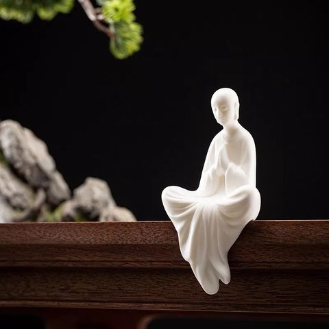 Tượng Thiền Sư An Nhiên Tự Tại Gốm Trắng Tử Sa - Vật Phẩm Phong Thủy Tinh Xảo Trang Trí Nhà Cửa, Bàn Thờ