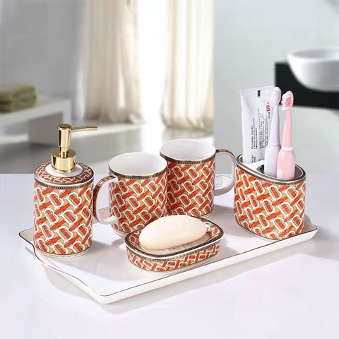 Bộ Đồ Dùng Nhà Tắm Sứ Cao Cấp - Cốc Đựng Bàn Chải Đánh Răng, Khay Xà Phòng, Lọ Nước Rửa Tay Đẹp Mắt, Họa Tiết Tinh Xảo