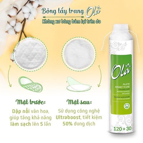 Bông Tẩy Trang Ola Cotton Pads 150 Miếng - 100% Cotton Tự Nhiên, Mềm Mịn, Dành Cho Da Nhạy Cảm, Xuất Xứ Ba Lan