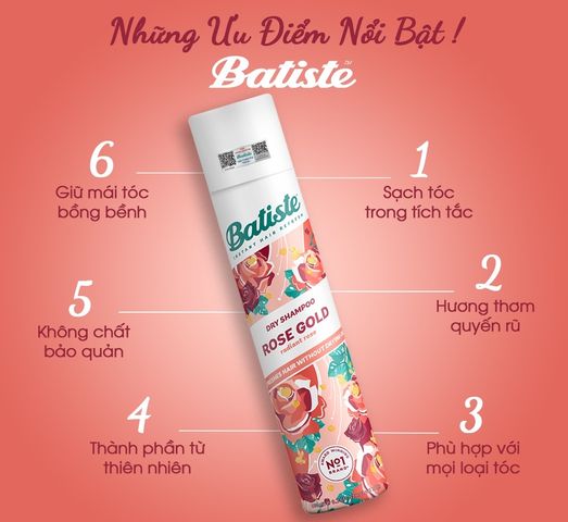 Dầu Gội Khô Batiste Rose Gold Hương Hoa Hồng - Sạch Tóc Nhanh Chóng, Tạo Độ Phồng Sang Trọng, 200ml