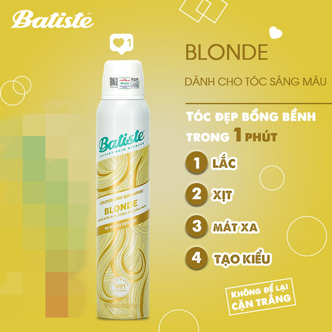 Dầu Gội Khô Batiste Colour Dry Shampoo Blonde - Dành Cho Tóc Nhuộm Sáng Màu, Giữ Màu Tóc, Tiện Dụng Không Cần Nước, 200ml