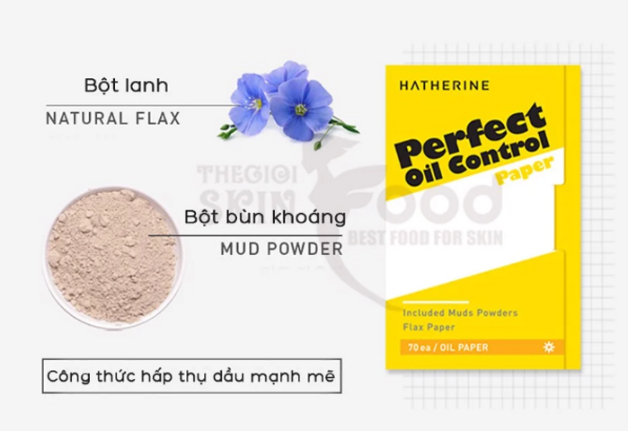 Giấy thấm dầu Hatherine Perfect Oil Control Paper - Gói 70 tờ chiết xuất bột hạt lanh và bùn khoáng cho làn da mịn màng, không bóng nhờn