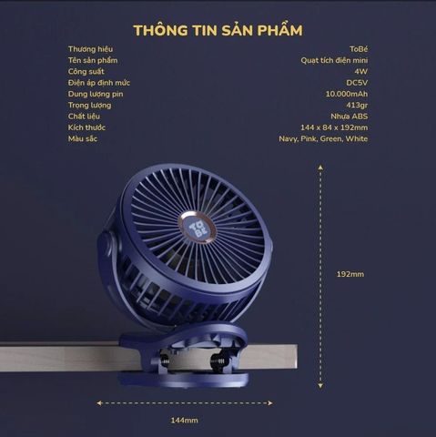 Quạt Tích Điện Mini ToBé MS 9115 - Giải Pháp Đối Phó Nắng Nóng, Dung Lượng Pin 10.000mAh, Thiết Kế Gọn Nhẹ Cho Mọi Không Gian