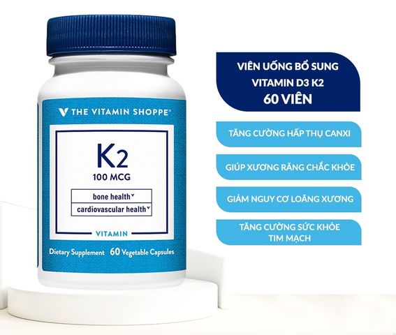 Viên uống hỗ trợ xương khớp The Vitamin Shoppe K2 - Bổ sung Vitamin D và K2, Ngăn ngừa loãng xương, Tăng cường sức khỏe tim mạch - Hộp 60 viên