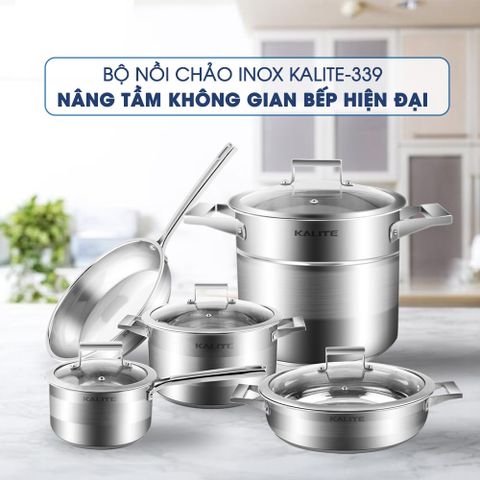 Bộ Nồi Chảo Inox 5 Đáy Nắp Kính Kalite KL-339 - Chất Liệu Inox 304 Cao Cấp, Thiết Kế Châu Âu, Dùng Cho Mọi Loại Bếp