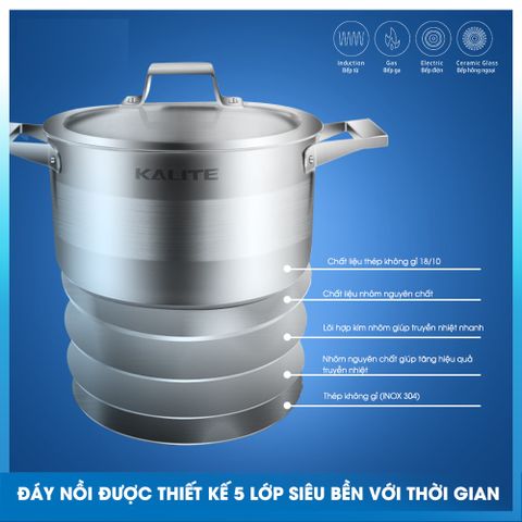 Bộ Nồi Chảo Inox 5 Đáy Nắp Kính Kalite KL-339 - Chất Liệu Inox 304 Cao Cấp, Thiết Kế Châu Âu, Dùng Cho Mọi Loại Bếp