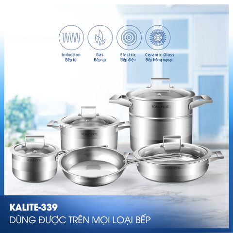 Bộ Nồi Chảo Inox 5 Đáy Nắp Kính Kalite KL-339 - Chất Liệu Inox 304 Cao Cấp, Thiết Kế Châu Âu, Dùng Cho Mọi Loại Bếp