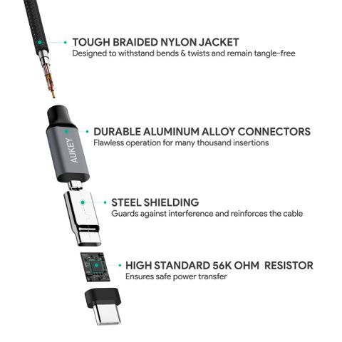 Cáp Sạc Nhanh AUKEY CB-CD3 USB 3.0 Sang USB-C 5Gbps - Dây Nylon 2m Chống Đứt, Chuyên Dùng Cho Điện Thoại và Máy Tính Bảng