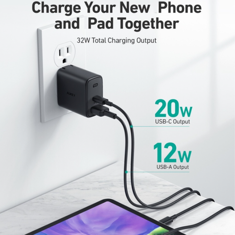 Củ Sạc Nhanh Aukey PA-F3S PD 20W - Sạc 2 Thiết Bị Cùng Lúc, Thiết Kế Nhỏ Gọn, Tương Thích iPhone và Android