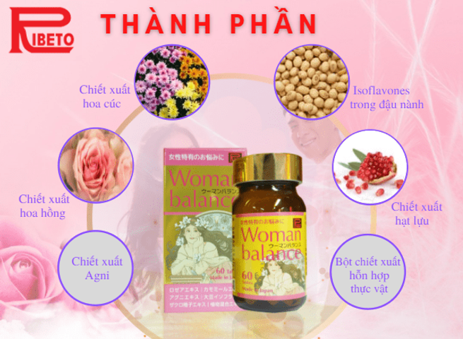 Viên uống Ribeto Woman Balance - Hỗ trợ cân bằng nội tiết tố nữ, giảm triệu chứng tiền kinh nguyệt, cải thiện sức khỏe làn da - Hộp 60 viên