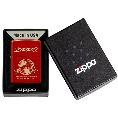 Bật Lửa Zippo 48150 Globe Design - Chống Gió, Vỏ Đồng Thau, Thiết Kế Metallic Red Sang Trọng, Quà Tặng Sành Điệu