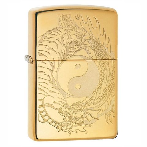 Bật Lửa Zippo 49024 Hổ Và Rồng - Thiết Kế Sang Trọng Màu Vàng Khắc Âm Dương, Quà Tặng Thú Vị Cho Fan Hâm Mộ