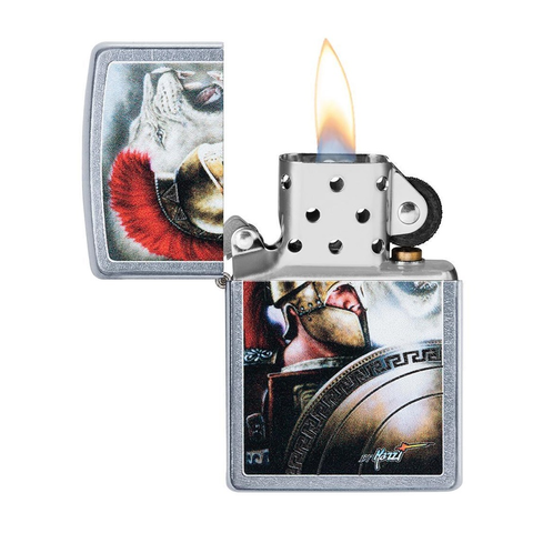 Bật lửa Zippo 49095 Mazzi Spartan and Lion - Họa Tiết Chiến Binh và Sư Tử Nền Street Chrome, Đẳng Cấp và Bền Bỉ