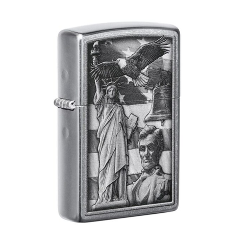 Bật lửa Zippo 49484 American Icon Design - Bật lửa đồng thau mạ Street Chrome™ với biểu tượng lịch sử nước Mỹ, quà tặng độc đáo cho tín đồ sưu tầm