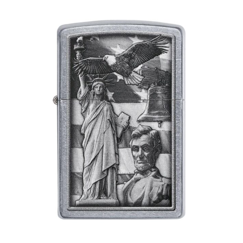 Bật lửa Zippo 49484 American Icon Design - Bật lửa đồng thau mạ Street Chrome™ với biểu tượng lịch sử nước Mỹ, quà tặng độc đáo cho tín đồ sưu tầm