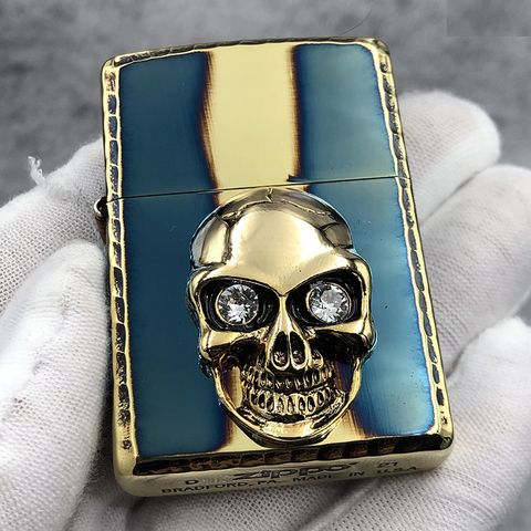 Bật Lửa Zippo ZA-3-120A Đầu Lâu Crystal Skull Eyes Gold - Quà Tặng Sang Trọng, Chất Liệu Đồng Bền Bỉ, Phong Cách Huyền Bí