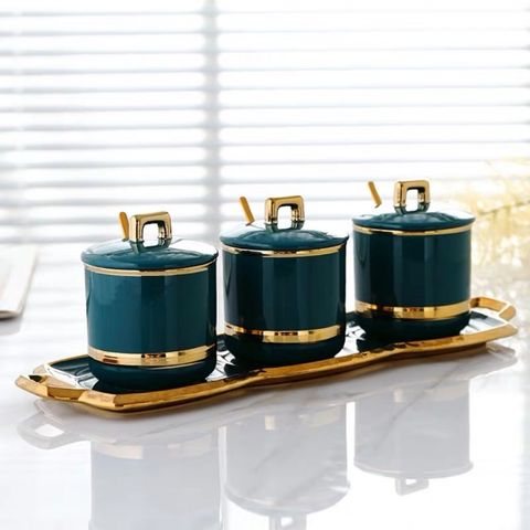Bộ 3 Hũ Đựng Gia Vị Sứ Xanh Viền Vàng Cao Cấp - Sang Trọng, Bền Đẹp, Kèm Thìa và Khay Hứng Tiện Lợi cho Nhà Bếp