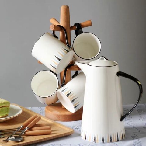 Bộ Ấm Chén Sứ Trắng Họa Tiết Tam Giác - Sang Trọng Kèm Giá Treo Gỗ, Dung Tích 1100ml Chất Lượng Cao, Quà Tặng Ý Nghĩa