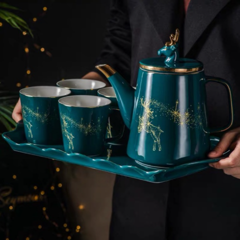 Bộ Ấm Chén Sứ Xanh Cao Cấp Họa Tiết Tuần Lộc - Sang Trọng, Lịch Sự, Quà Tặng Hoàn Hảo cho Gia Đình