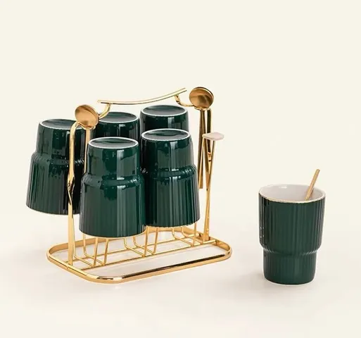 Bộ Ấm Chén Sứ Xanh Vân Kẻ Cao Cấp - Bộ Có Thìa và Giá Úp Sang Trọng Cho Nội Thất và Quà Tặng