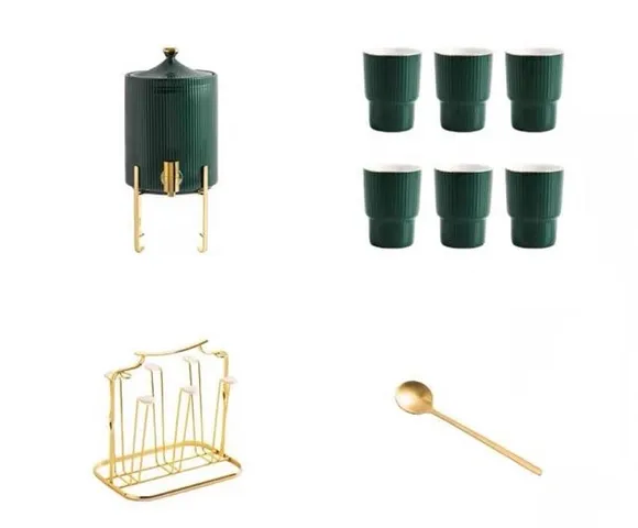 Bộ Ấm Chén Sứ Xanh Vân Kẻ Cao Cấp - Bộ Có Thìa và Giá Úp Sang Trọng Cho Nội Thất và Quà Tặng
