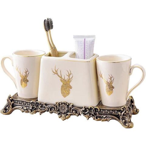 Bộ Cốc Đánh Răng Gốm Sứ Hình Hươu - Bộ Đồ Trang Trí Phòng Tắm Sang Trọng, Thiết Kế Tinh Xảo, 4 Món Họa Tiết Độc Đáo