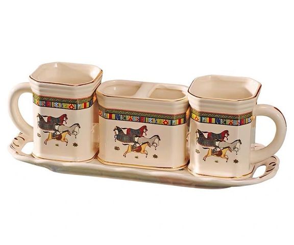 Bộ cốc đánh răng gốm sứ họa tiết ngựa cao cấp - Set 2 cốc, 1 ống đựng và khay sang trọng cho phòng tắm hiện đại