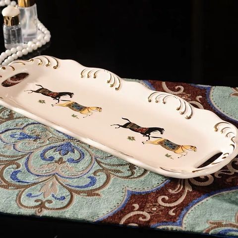 Bộ cốc đánh răng gốm sứ họa tiết ngựa cao cấp - Set 2 cốc, 1 ống đựng và khay sang trọng cho phòng tắm hiện đại