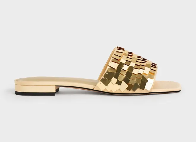 Dép nữ Charles & Keith Sequinned Satin Slide Sandals - Gold