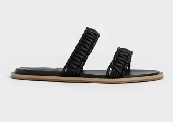 Dép sandals nữ Charles & Keith Braided Strap Slide Black CK1-70380949 màu đen
