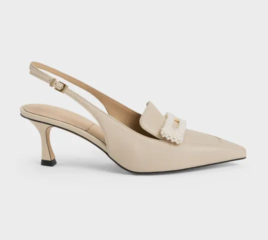 Giày Charles & Keith Leather Beaded Slingback Pumps - Beige