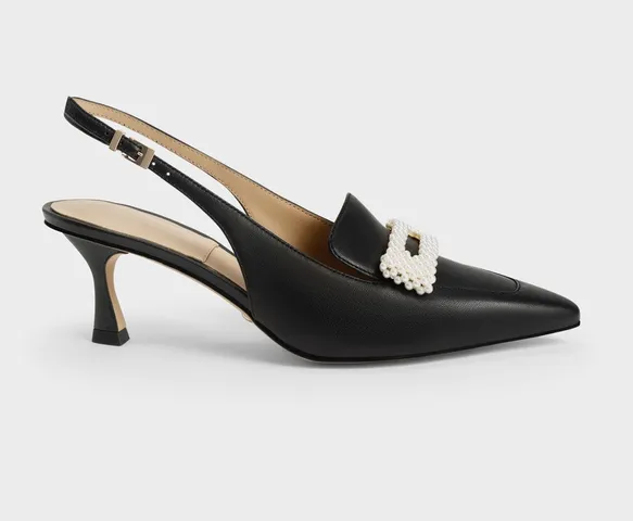 Giày Charles & Keith Leather Beaded Slingback Pumps - Black