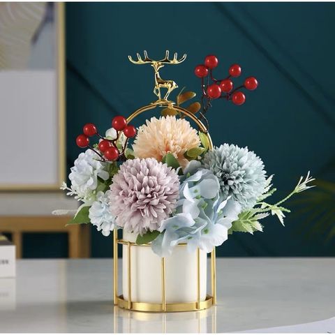 Giỏ Cắm Hoa Gốm Sứ Hình Hươu Vàng - Trang Trí Nhà Cửa Sang Trọng Kèm Hoa, Quà Tặng Độc Đáo