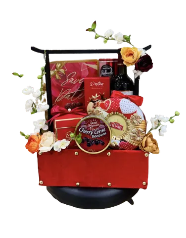 Giỏ quà Tết hộp gỗ cao cấp Red (vang, bánh, socola, trà, kẹo)