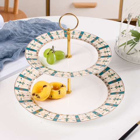 Khay Sứ Tròn 2 Tầng Đựng Bánh Kẹo Họa Tiết Hoa Văn Cao Cấp - Sang Trọng, Chất Liệu Gốm Sứ An Toàn Cho Sức Khỏe