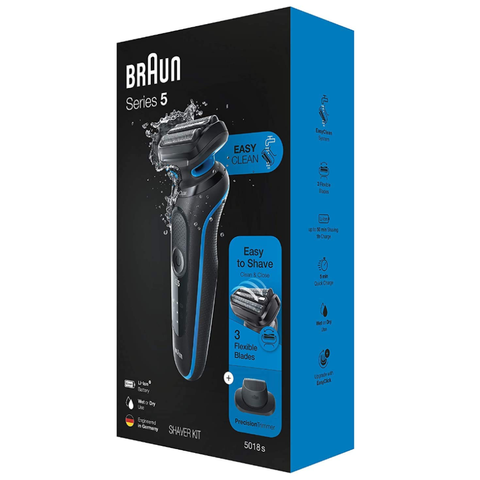 Máy cạo râu Braun series 5 5018s - Thiết kế hiện đại, 3 lưỡi cạo linh hoạt, cạo khô ướt, pin bền, dễ vệ sinh - Dành cho nam giới