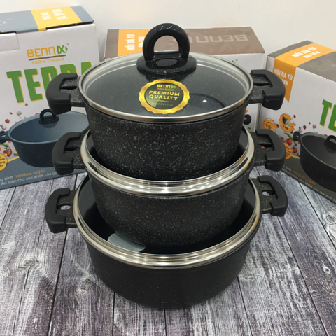 Nồi từ vân đá chống dính Bennix Terra - Nhôm đúc cao cấp, dễ vệ sinh, nhiều size, phù hợp cho mọi loại bếp, an toàn sức khỏe.