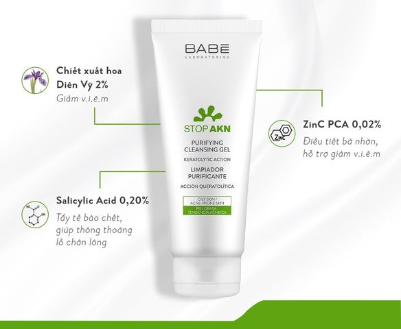 Sữa Rửa Mặt BABE Stop AKN Gel 200ml - Lọc Sạch, Kiềm Dầu Cho Da Dầu Mụn - Hỗ Trợ Ngăn Mụn Tái Phát, Làm Sáng Da