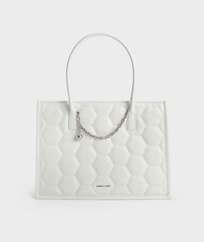 Túi Tote Charles & Keith Geometric Quilted Tote Bag - White