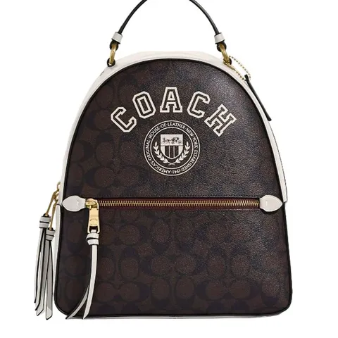 Balo Coach Jordyn Backpack In Signature Canvas With Varsity Motif nâu trắng