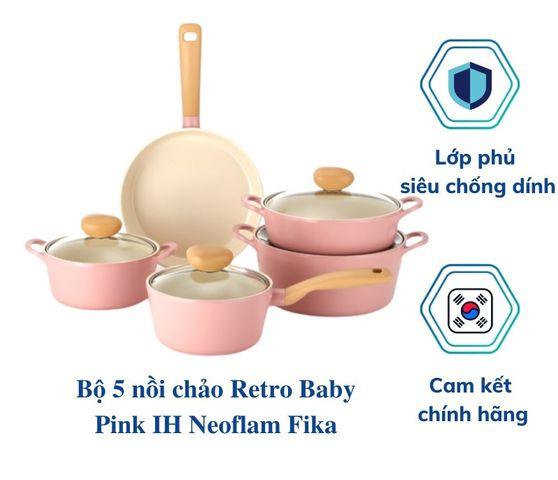 Bộ 5 Nồi Chảo Cảm Ứng Màu Hồng Retro Baby Pink IH Neoflam - Bộ Đồ Dùng Bếp Thời Trang Cho Gia Đình Hện Đại