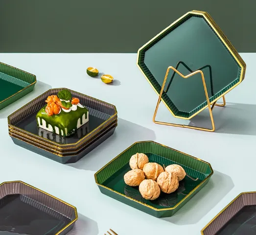 Bộ 6 đĩa sứ cao cấp viền vàng sang trọng - Đĩa đựng thực phẩm màu xanh ngọc bích tinh tế, dễ dàng sử dụng cho mọi bữa ăn
