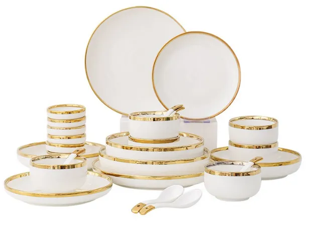 Bộ bát đĩa sứ cao cấp 26 món viền vàng phong cách Bắc Âu
