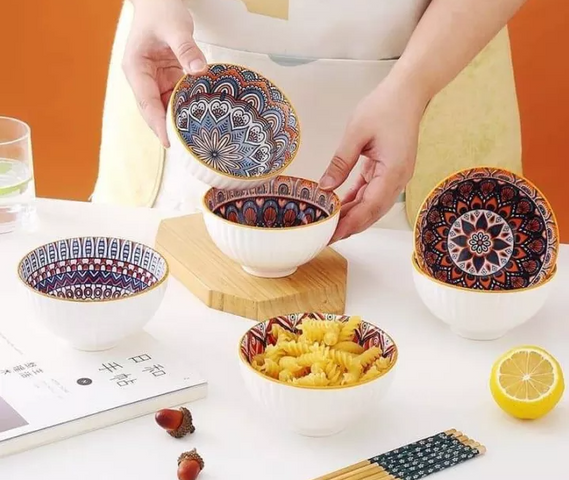 Bộ bát sứ cao cấp thổ cẩm hiện đại - 6 bát + 6 đôi đũa kèm hộp quà sang trọng cho tân gia, bữa tiệc và trang trí bàn ăn