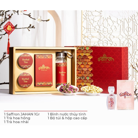 Hộp quà Tết Saffron Jahan 1gr Sang Trọng + 2 Loại Trà Hoa Hồng & Nhài - Món Quà Biếu Tết Ý Nghĩa Chất Lượng