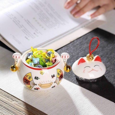 Hũ đựng trà hạt mứt bằng sứ hình mèo Thần Tài - Bình trà may mắn phong thủy trang trí bàn uống nước - Quà Tết độc đáo
