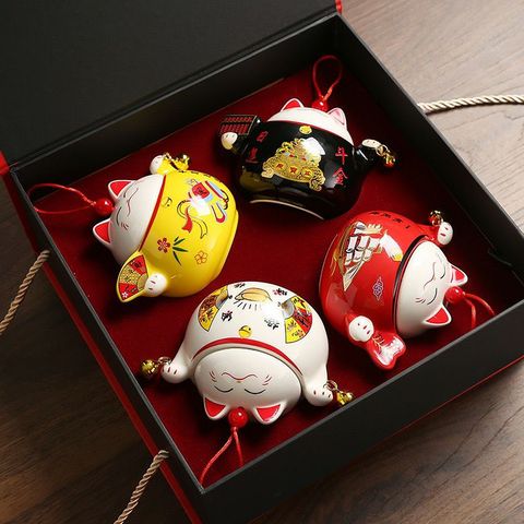 Hũ đựng trà hạt mứt bằng sứ hình mèo Thần Tài - Bình trà may mắn phong thủy trang trí bàn uống nước - Quà Tết độc đáo